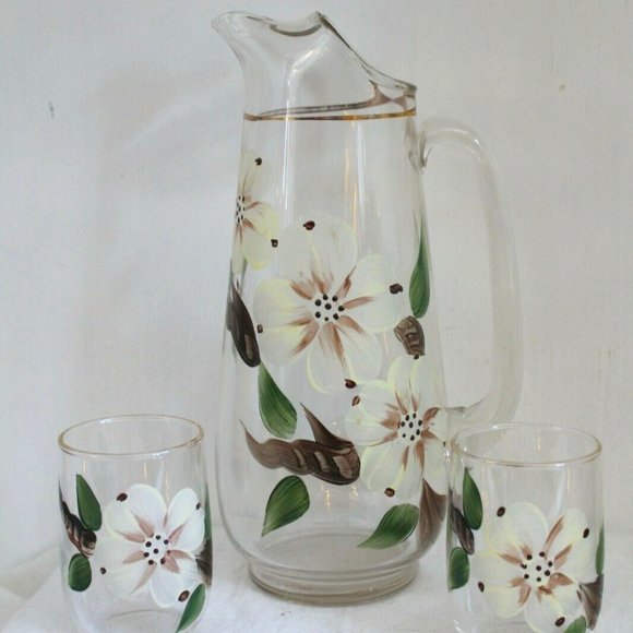 Vintage Clear Pitcher Hand Painted Floral Design with Two Cups - Picture 1 of 6